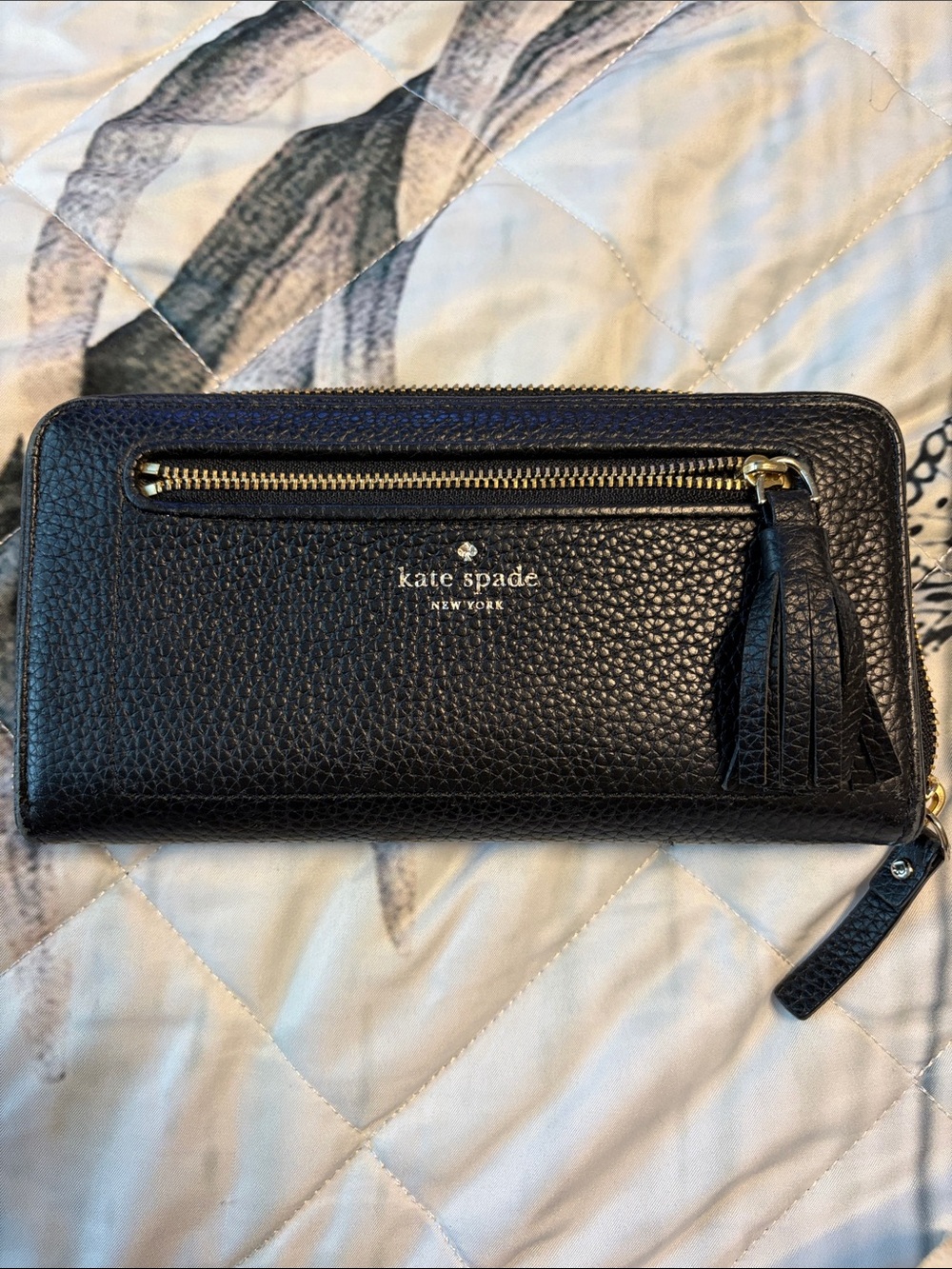 kate spade Black Pebbled Leather Zip Wallet with Tassel